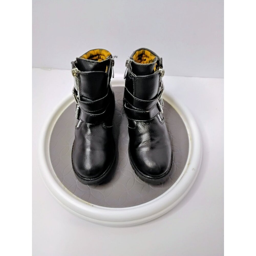 Black Faux Leather Ankle Boots With Double Buckle & Side Zipper Design Size 12 R